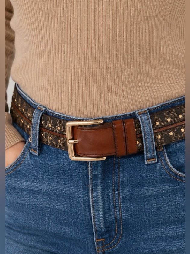 Michael Kors Brown & Gold Riveted Women’s Genuine Leather Logo Belt Size Small